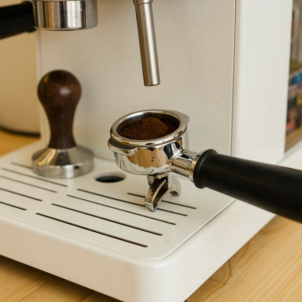 Kuvituskuva: espressokoneen suodatinkahva ja tamppi